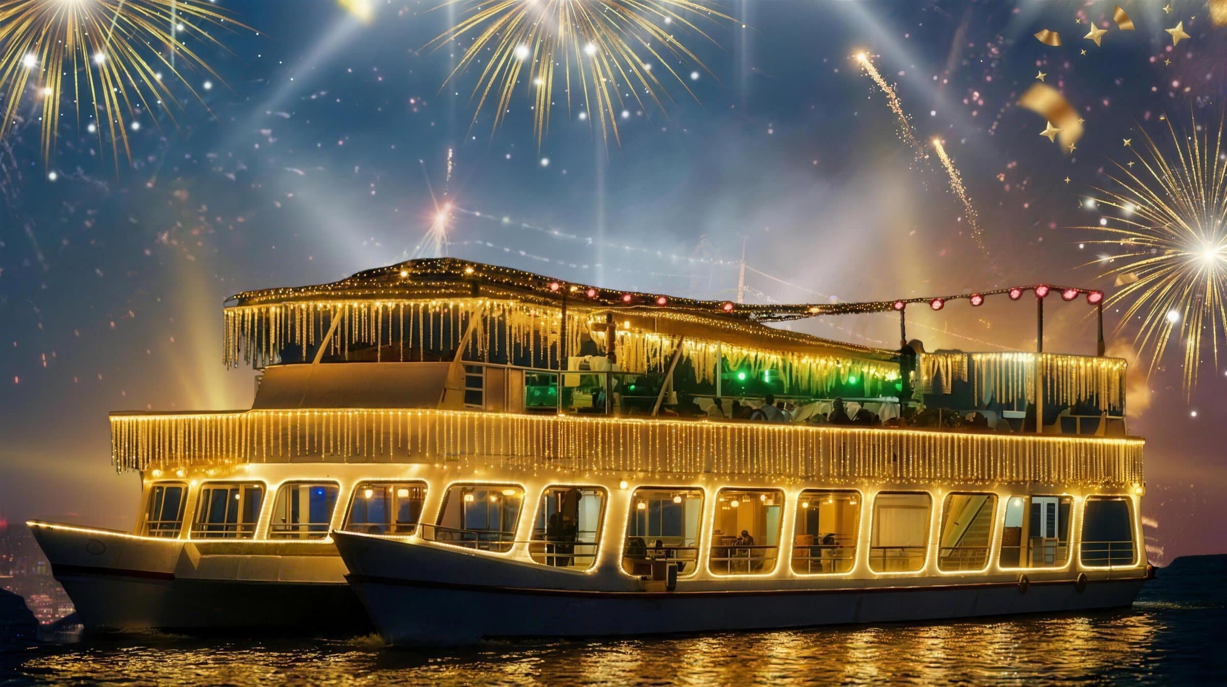 Princesa Cruise illuminated on the Mandovi River during a celebration night